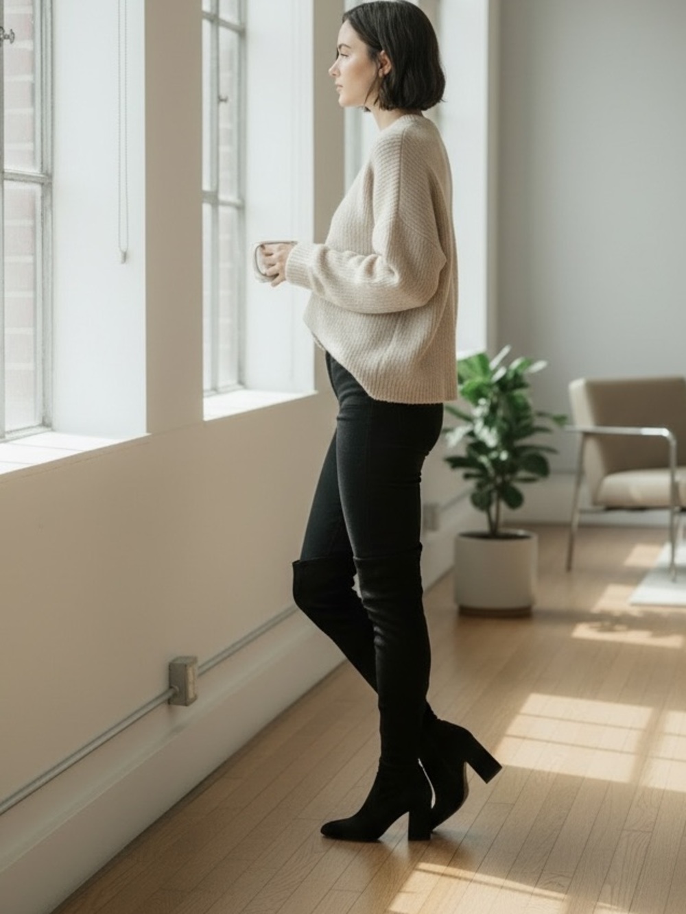 Sugar Black Pointed-Toe Knee-High Heeled Boots